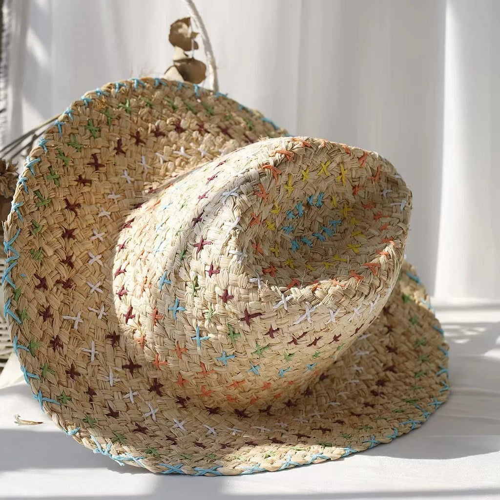 Showlu Women's Raffia Straw Panama Hat with colorful stitched design, perfect for bohemian summer beach and vacation sun protection.
