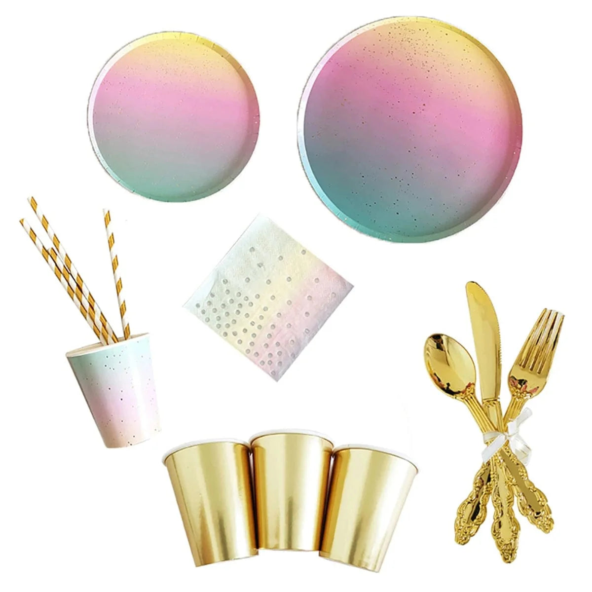 Showlu Rainbow Birthday Party Tableware set with colorful paper plates, napkins, and cups for festive celebration decorations