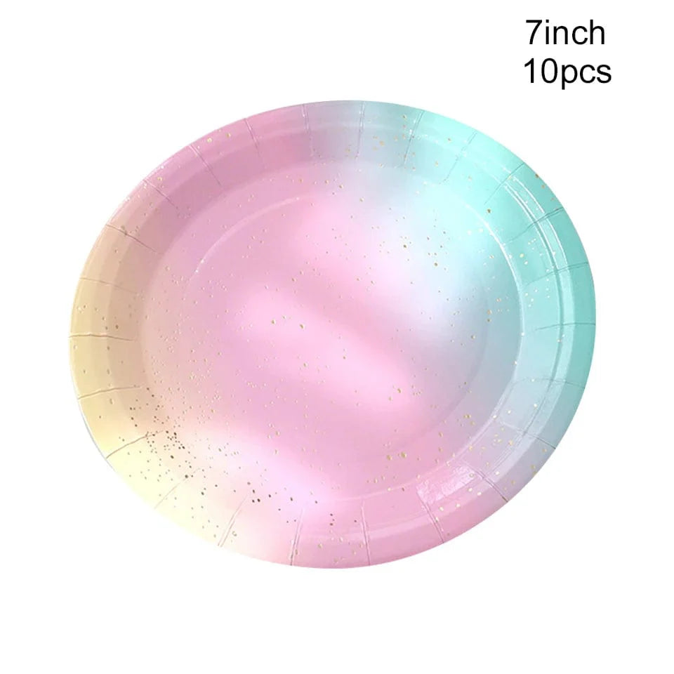 Showlu Rainbow Birthday Party Tableware set with colorful paper plates, napkins, cups, and tablecloth for festive celebration decor.