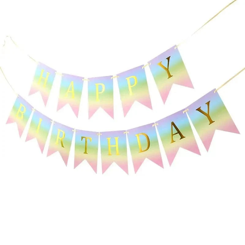 Rainbow birthday party tableware set including paper plates, napkins, cups, and tablecloth for festive celebration decor.