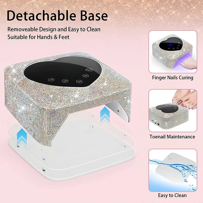 Showlu 72W cordless UV LED nail lamp with rhinestone heart shape for quick, efficient gel nail drying and curing.