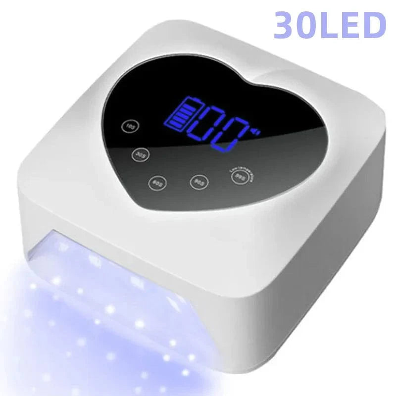 Showlu 72W cordless UV LED nail lamp with heart-shaped design, rechargeable, perfect for professional manicure and pedicure nail drying.