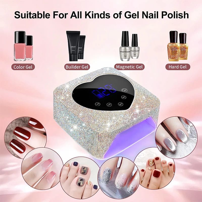 Showlu 72W cordless UV LED nail lamp in heart shape with rhinestones, designed for quick, efficient professional manicure and pedicure.