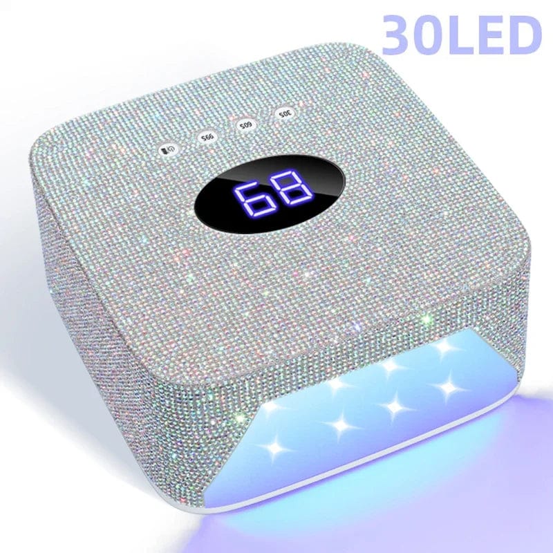 Showlu 72W cordless UV LED nail lamp with rhinestone heart shape, rechargeable nail dryer for gel manicures and pedicures.