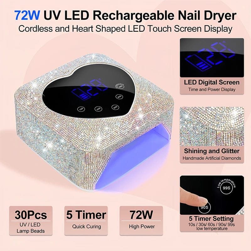 Showlu 72W cordless UV LED nail lamp with heart-shaped design, rechargeable nail dryer for professional manicures and pedicures.