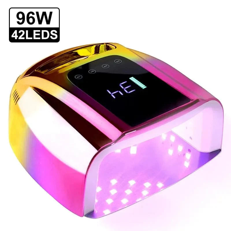 Limegirl 96W Rechargeable UV Nail Lamp with 42 LEDs for professional gel nail curing, wireless design, and fast drying.