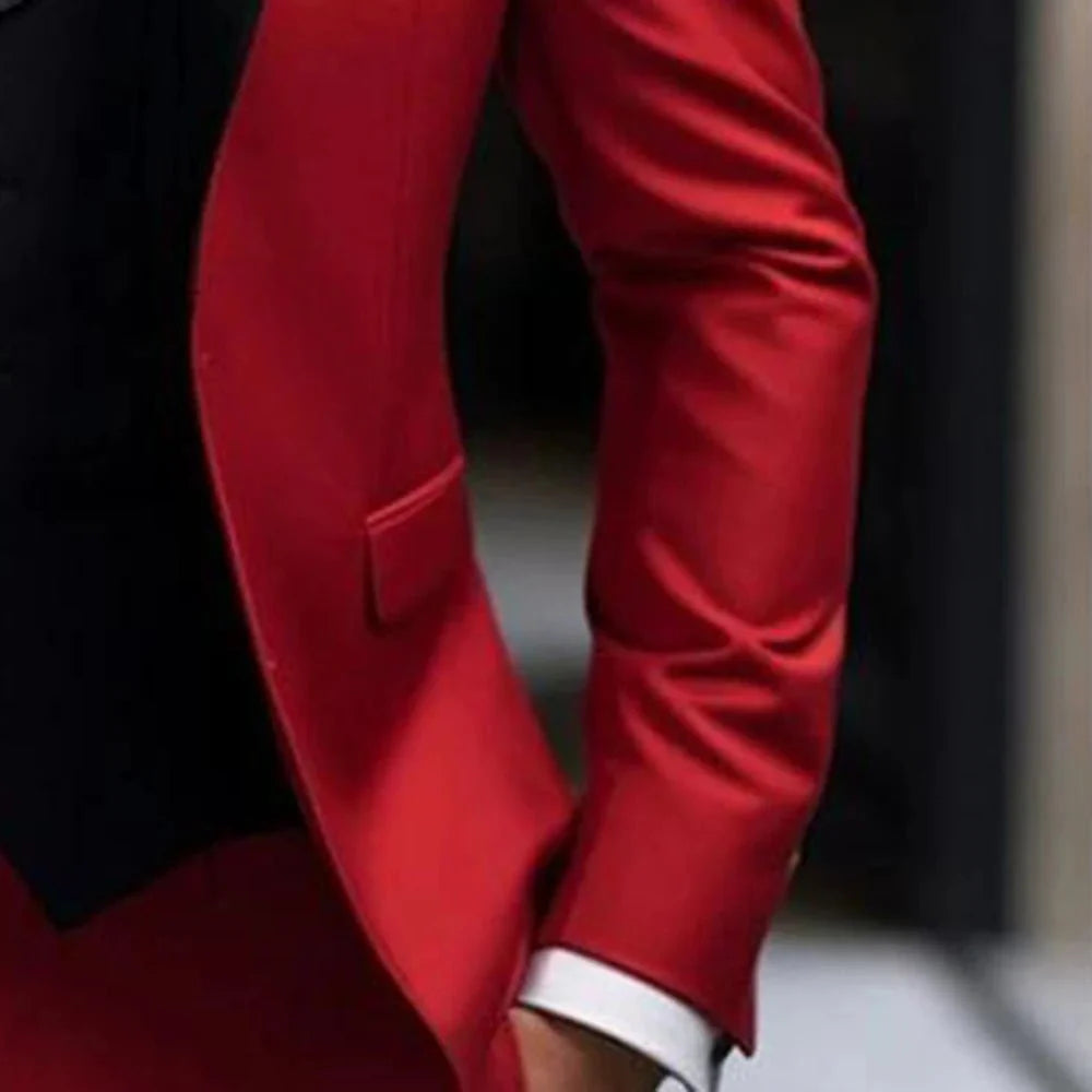 Red SOLOVEDRESS men's 2-piece skinny fit suit with blazer and pants, ideal for weddings or formal parties, stylish tuxedo outfit.