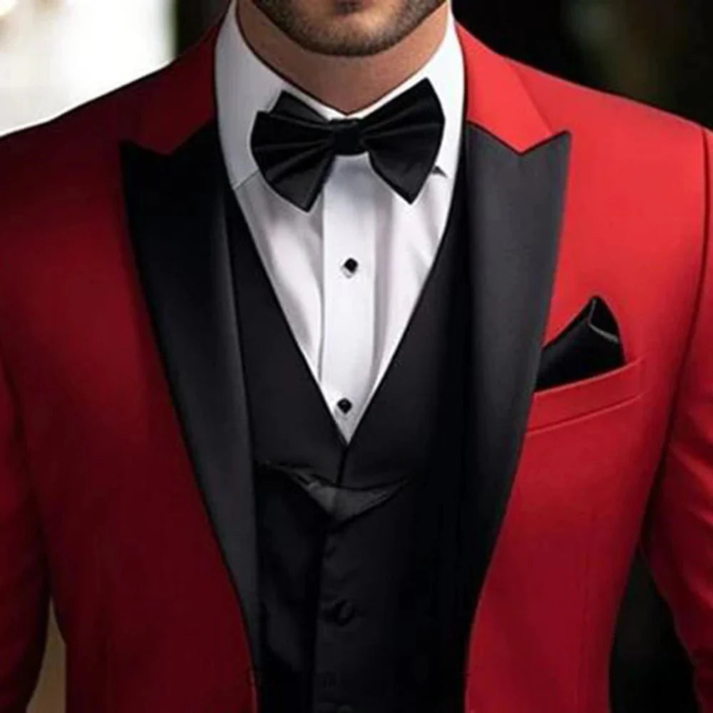 Red SOLOVEDRESS men's 2-piece skinny fit suit with blazer and pants, ideal for weddings and formal parties.