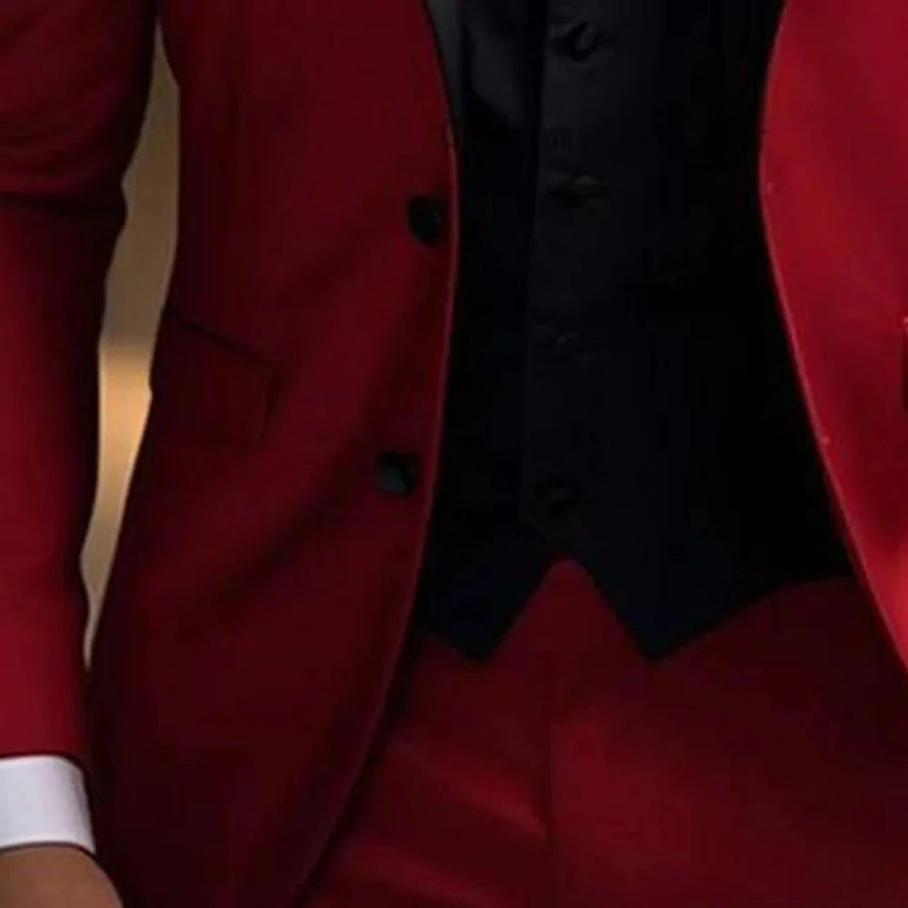 Red SOLOVEDRESS men's 2-piece skinny fit suit with blazer and pants, perfect for weddings and formal parties, stylish and high-quality.