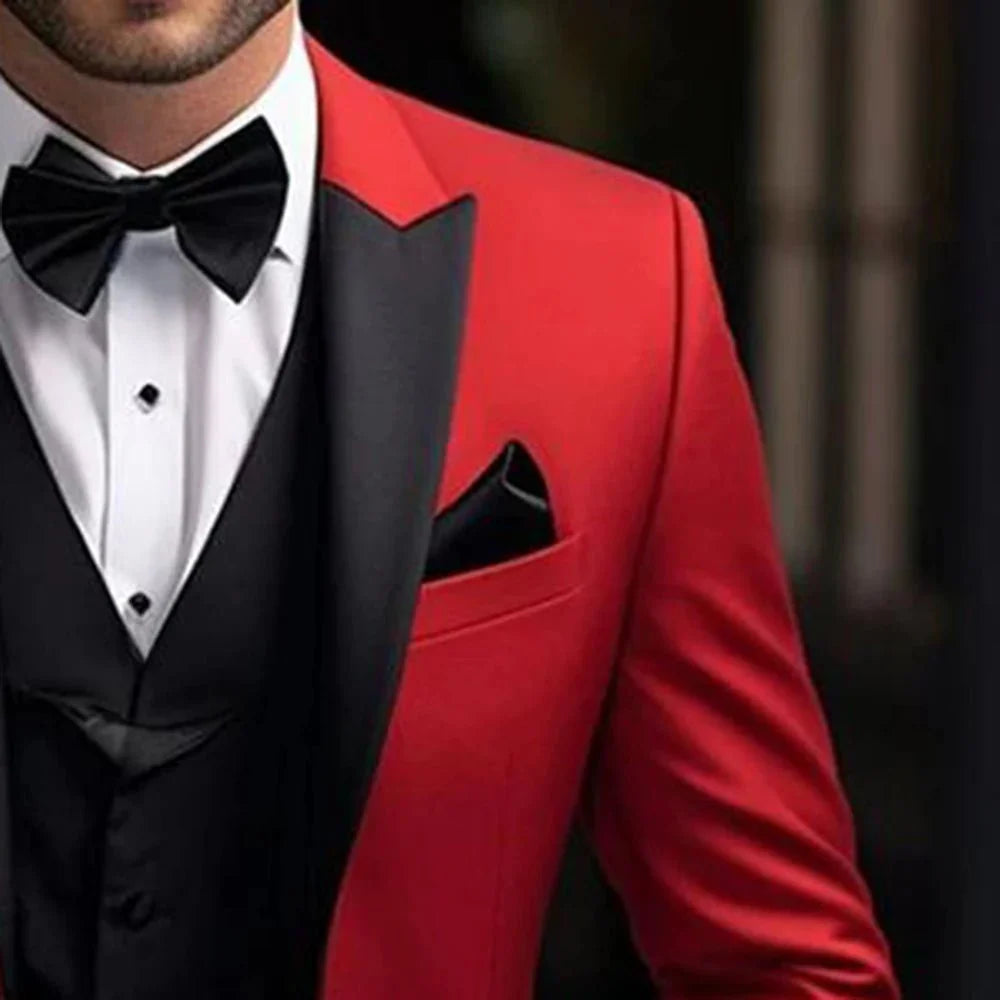 Red SOLOVEDRESS men's 2-piece skinny fit suit with blazer and pants, perfect for weddings and formal parties, stylish and high-quality.