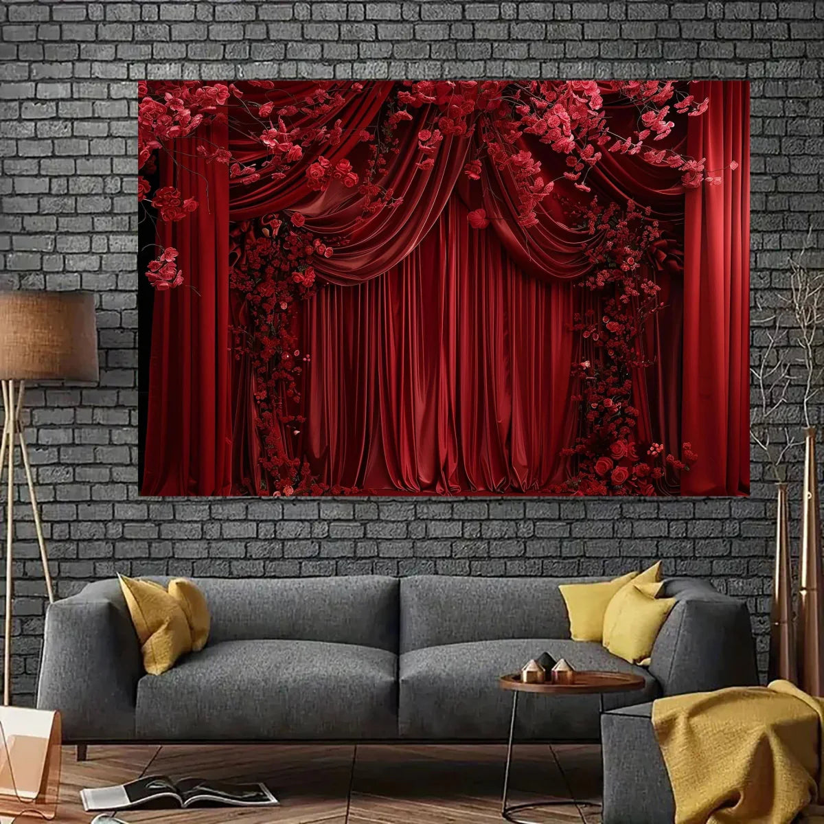 Red floral curtain backdrop by SHOWLU FASHION STORE, perfect for wedding, party, and home decor with versatile floral design.