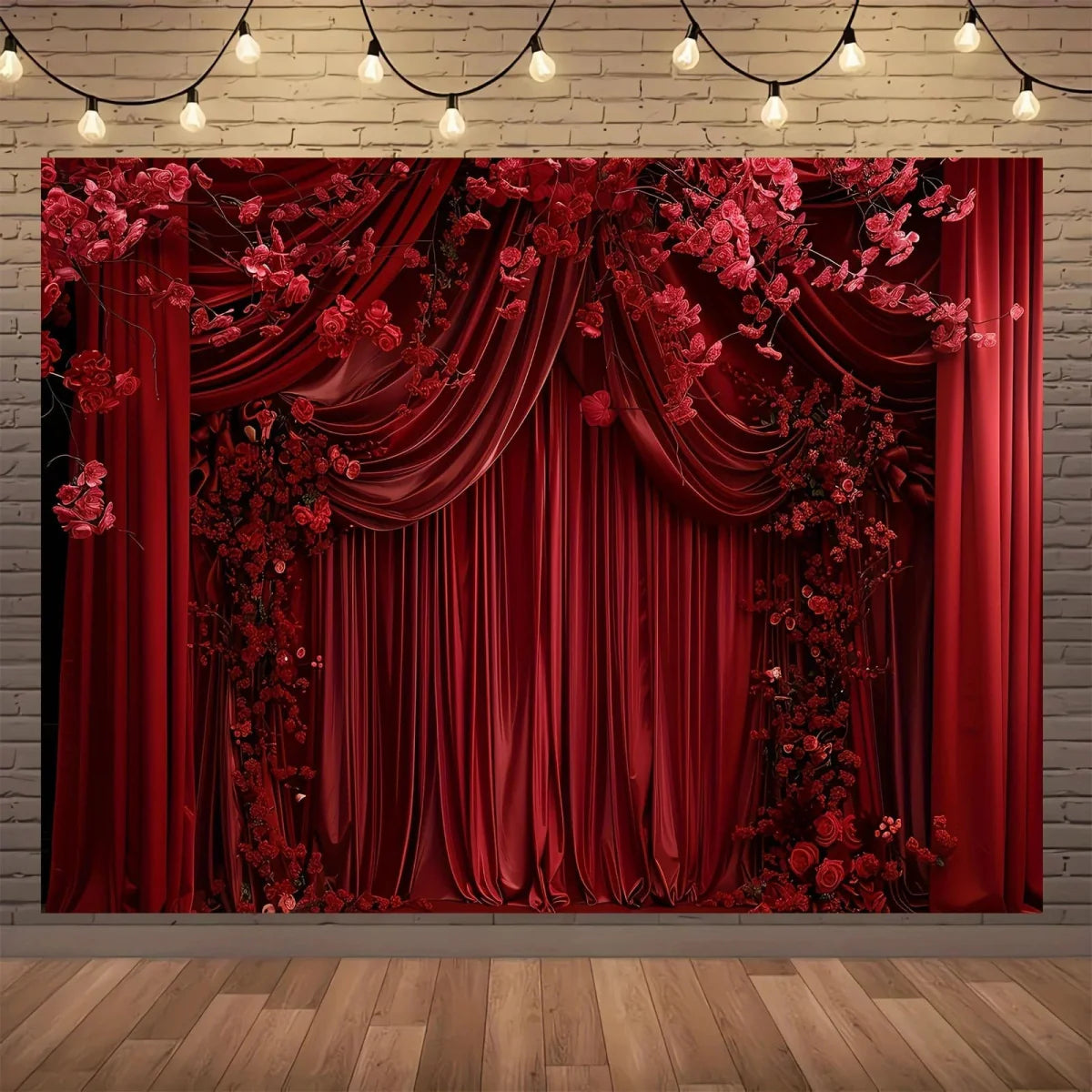 Red floral terylene curtain backdrop for wedding, party, and home decor, versatile for all occasions and seasons.