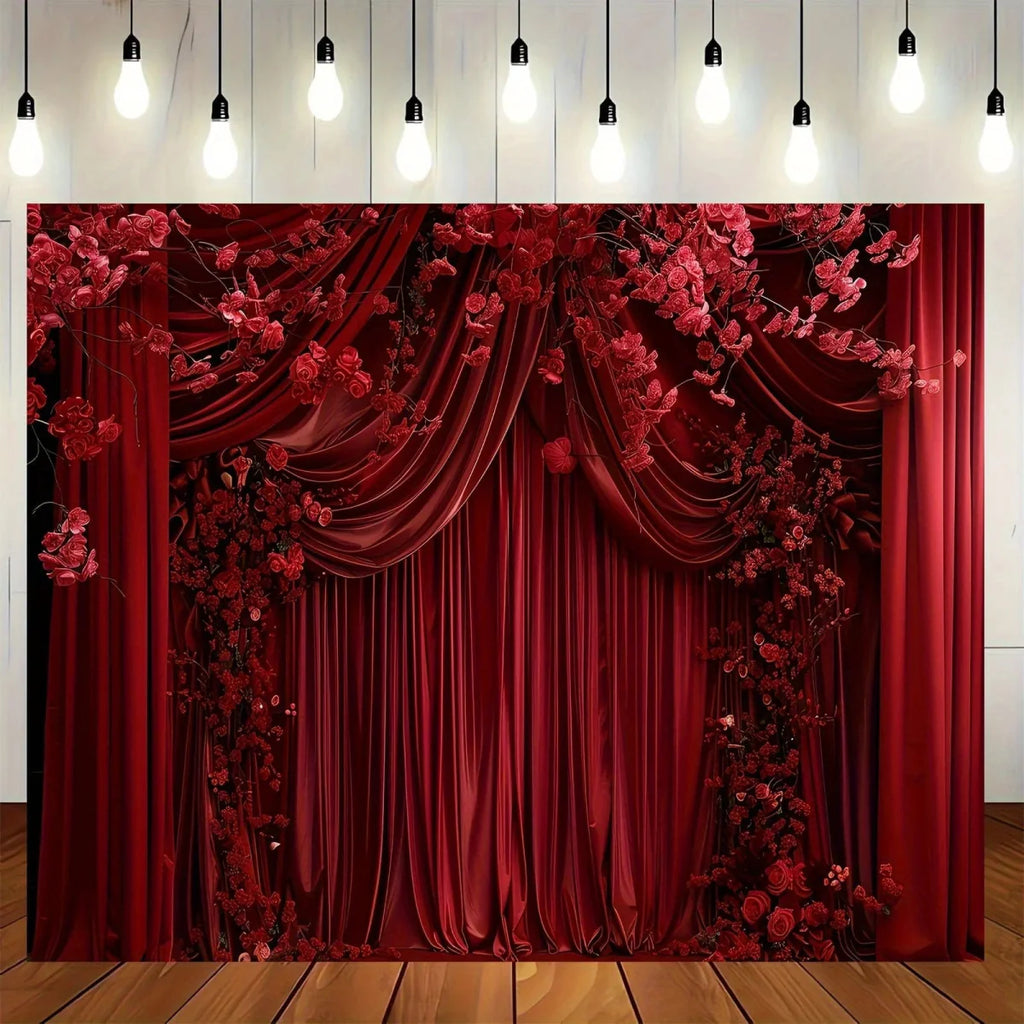 Red floral curtain backdrop by SHOWLU Fashion Store, ideal for wedding, party, or home decor with vibrant floral design.