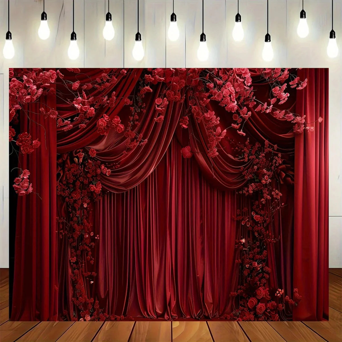 Red floral curtain backdrop by SHOWLU Fashion Store, ideal for wedding, party, or home decor with vibrant floral design.