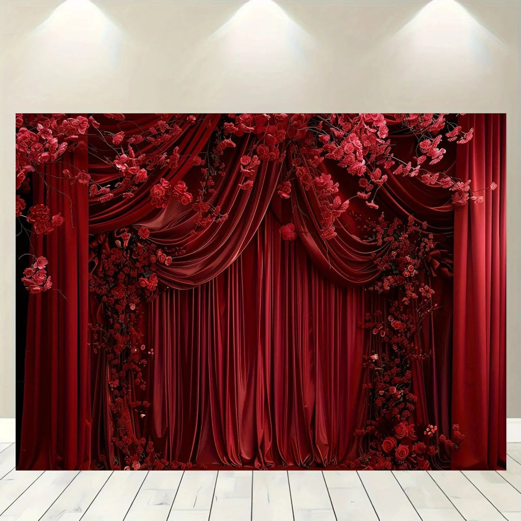 Red floral curtain backdrop from SHOWLU FASHION STORE, ideal for wedding, party, or home decor with vibrant floral design.