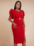 Red AOMEI midi party dress with petal sleeves, high waist, belt, and elegant O-neck design, perfect for evening and special occasions.