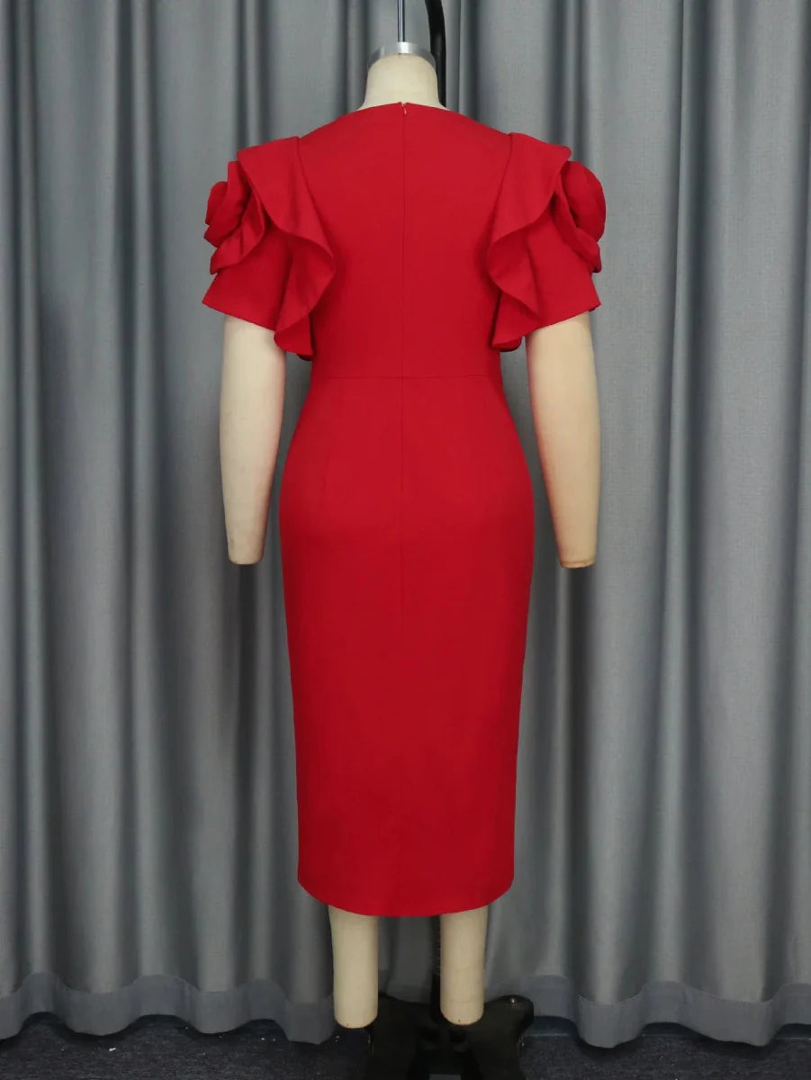 Red midi party dress with petal sleeves, high waist, and belt, featuring an O-neck design, suitable for evening events and celebrations.
