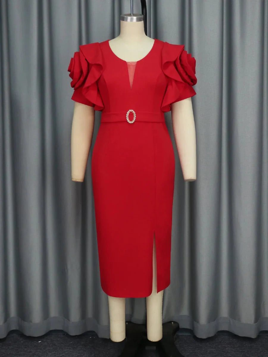 Red AOMEI midi party dress with petal sleeves, high waist, and belt, perfect for evening events and celebrations.