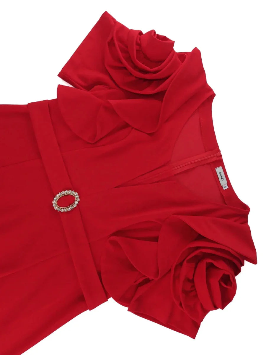 Red AOMEI midi party dress with petal sleeves, high waist, and belt, ideal for evening events and celebrations.