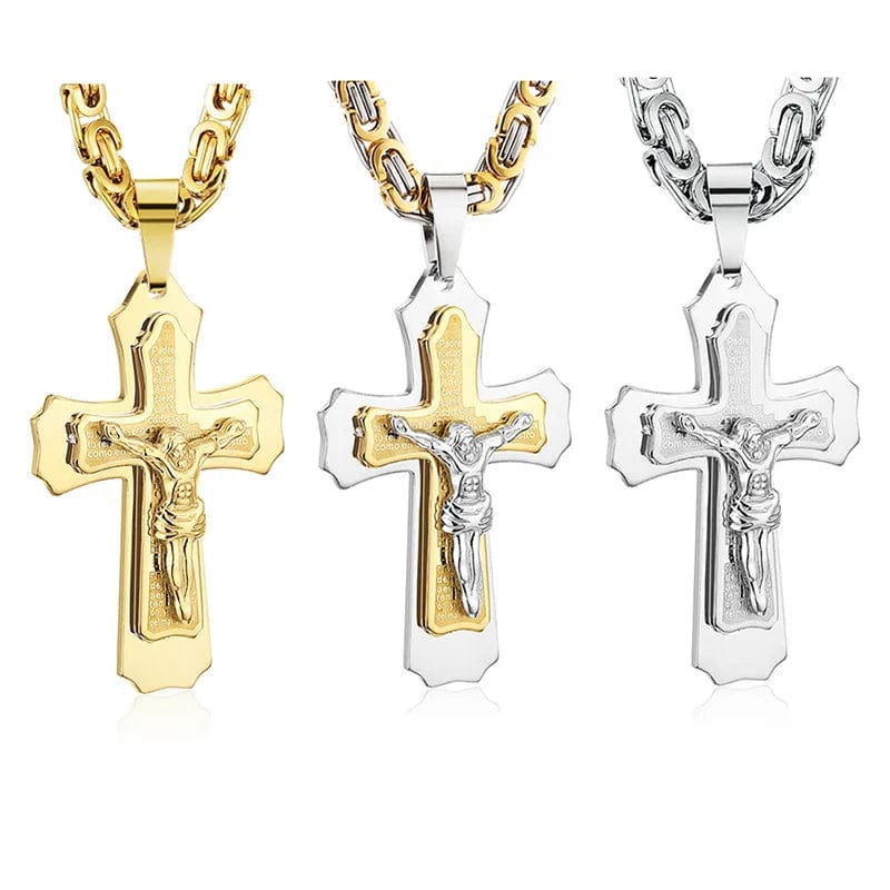 Diyalo men's stainless steel Catholic crucifix Jesus cross necklace with Byzantine chain, featuring religious design and Bible pendant.