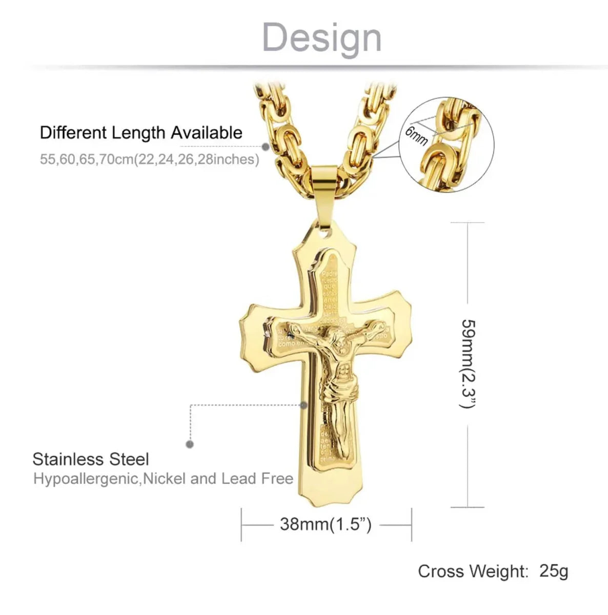 Diyalo men's stainless steel Catholic crucifix Jesus cross necklace with Byzantine chain and Bible pendant, religious jewelry for men
