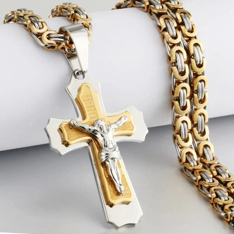 Diyalo men's stainless steel Catholic crucifix Jesus cross necklace with Byzantine chain and Bible pendant, religious jewelry for men.