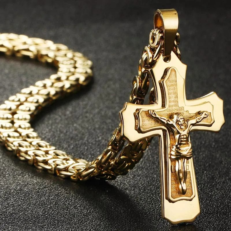 Diyalo men's stainless steel Catholic crucifix Jesus cross necklace with Byzantine chain and Bible pendant, religious jewelry for men.