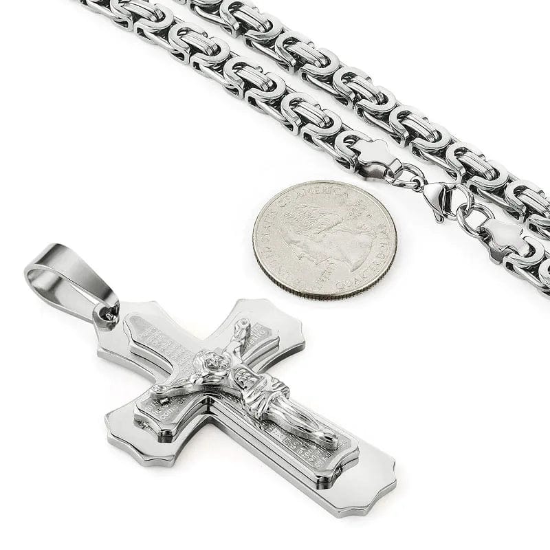 Men's stainless steel Catholic crucifix Jesus cross necklace with Byzantine chain, featuring a Bible pendant, religious jewelry for men.