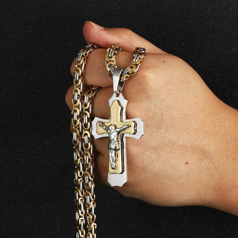 Diyalo men's stainless steel Catholic crucifix Jesus cross necklace with Byzantine chain and Bible pendant, religious jewelry for men.