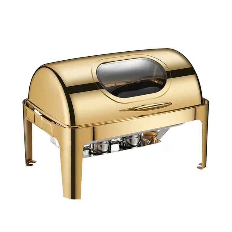 Showlu 9L rectangular stainless steel chafing dish with silver and gold finish, used for food warming and catering displays