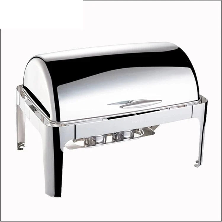 Showlu 9L rectangular stainless steel chafing dish with silver and gold finish, used for food warming and catering displays.