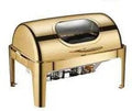 Showlu 9L rectangular stainless steel chafing dish with silver and gold finish, ideal for restaurant buffet food warming.