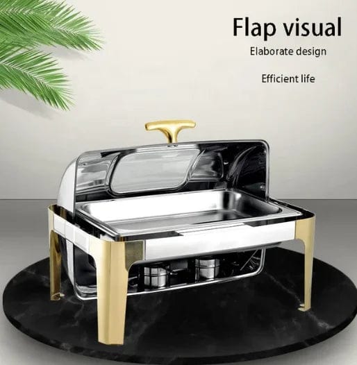 Showlu 9L rectangular stainless steel chafing dish with silver and gold finish, ideal for restaurant buffet catering and food warming.
