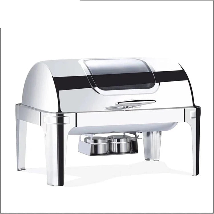 Showlu 9L rectangular stainless steel chafing dish in silver and gold finish, ideal for restaurant food warming and buffet displays.