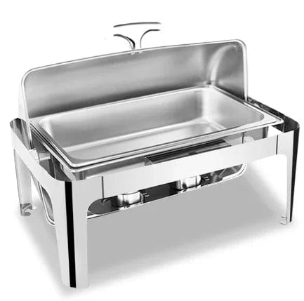 Showlu 9L rectangular stainless steel chafing dish with silver and gold finish, food warmer for catering and buffet setups.