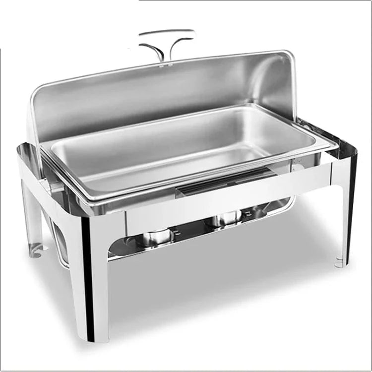 Showlu 9L rectangular chafing dish in silver and gold stainless steel, used as a food warmer for catering and buffet service.