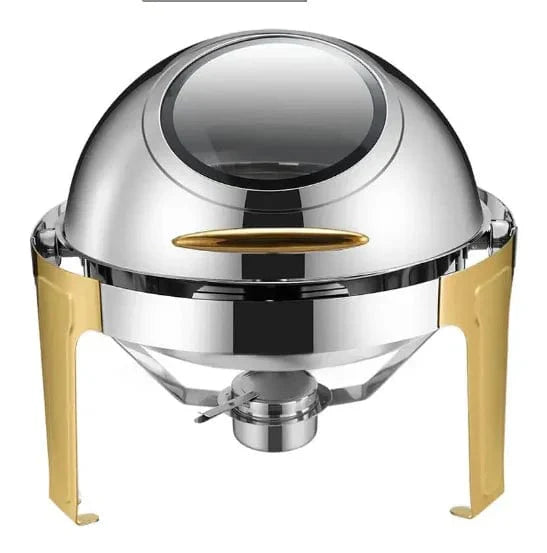 Showlu 9L rectangular stainless steel chafing dish with silver and gold finish, used as a food warmer for catering and buffet displays.