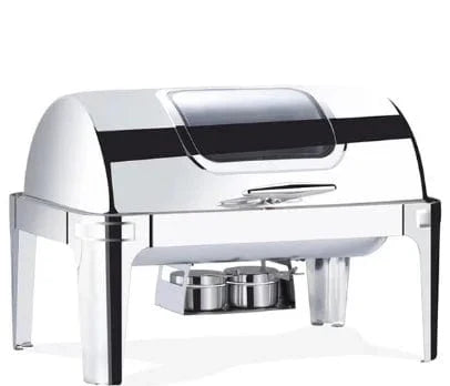 Showlu 9L rectangular stainless steel chafing dish with silver and gold finish, ideal for restaurant food warming and catering.