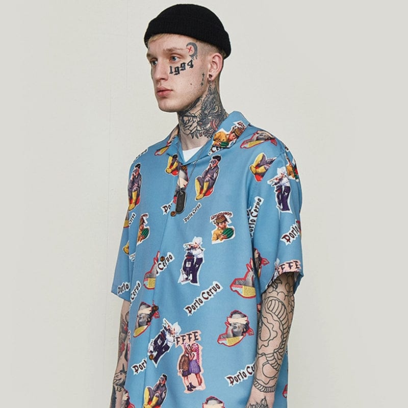 Daily Break Men's retro 80s printed short sleeve lapel shirt from Showlu Fashion Store with colorful vintage design.