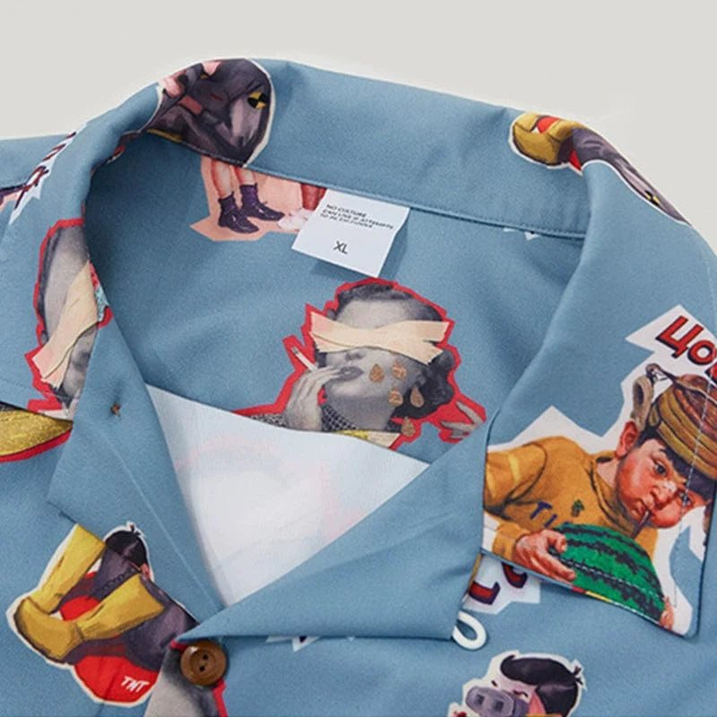 Men's retro 80s printed short sleeve lapel shirt by Showlu Fashion with vibrant vintage-inspired design