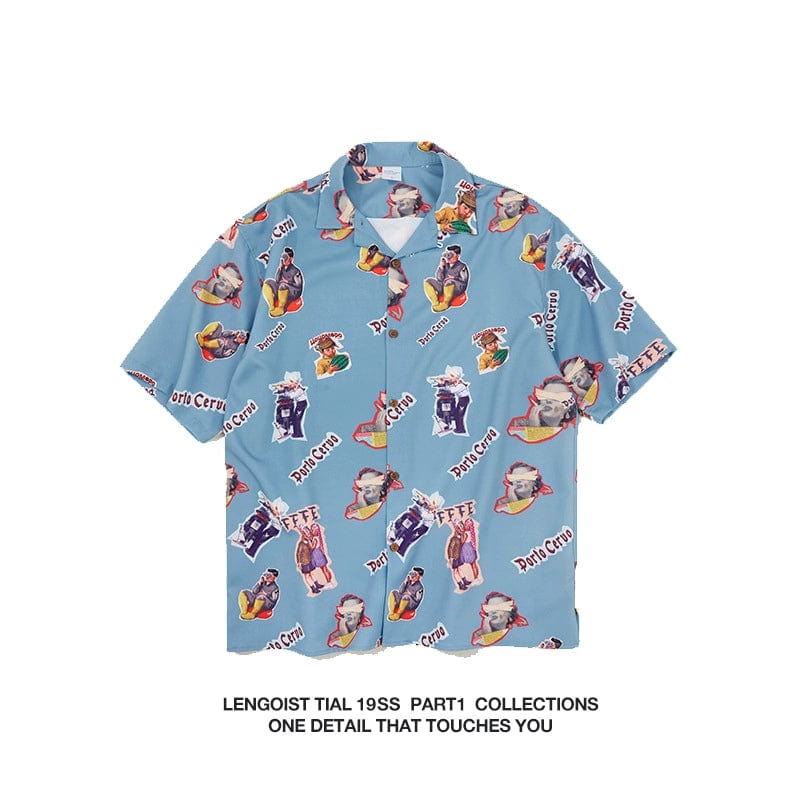 Men's retro 80s printed short sleeve lapel shirt by Showlu Fashion, featuring colorful vintage-inspired geometric patterns.