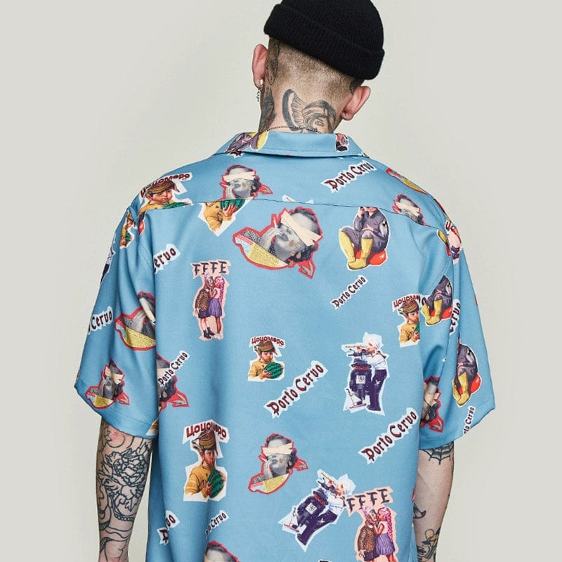 Men's retro 80s printed short sleeve lapel shirt by Showlu Fashion, featuring vibrant geometric and abstract patterns.