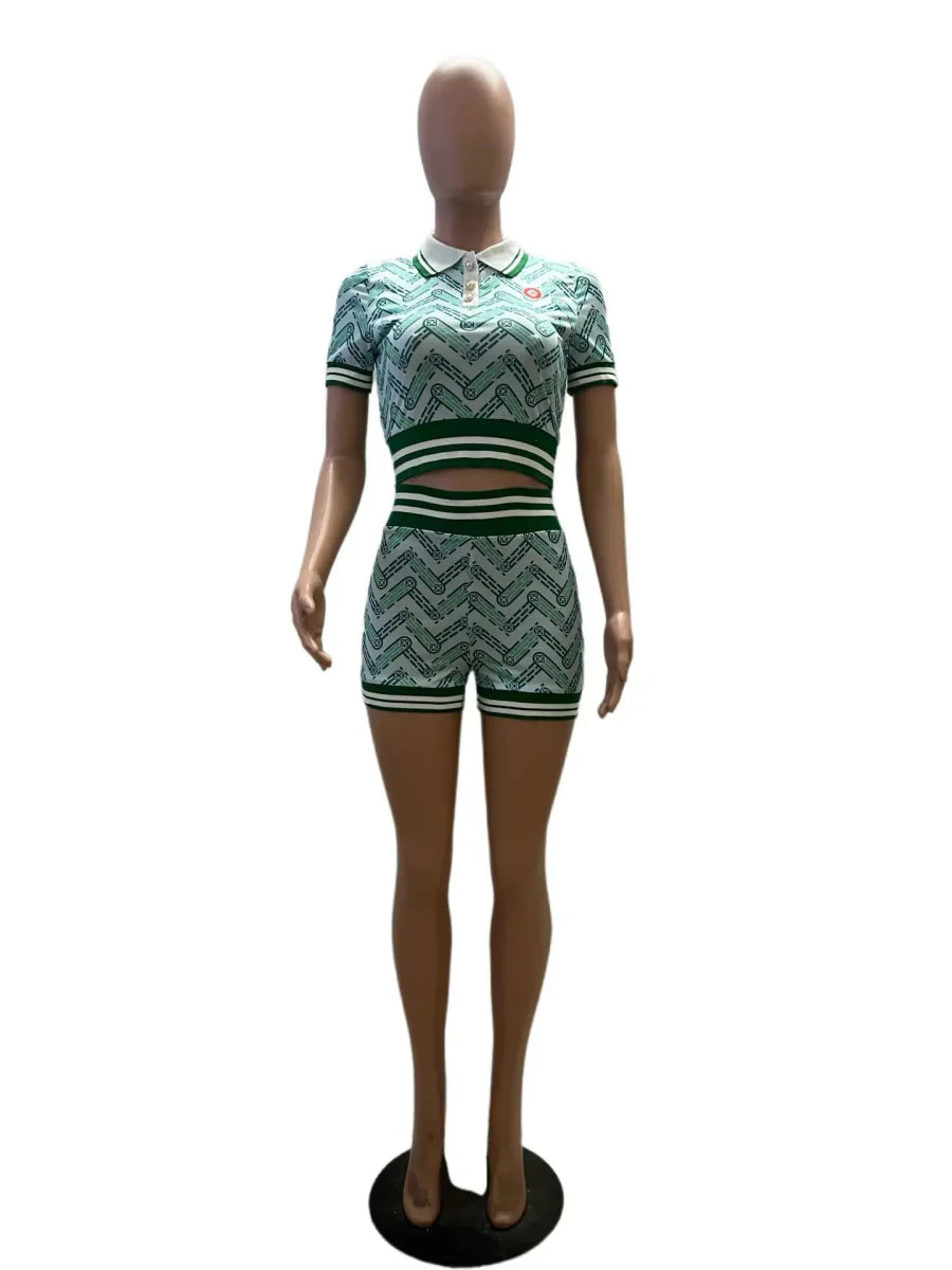 Naupang women's retro digital print 2-piece shorts set featuring a turn-down collar top and high-waisted ribbed shorts for casual spring summer wear