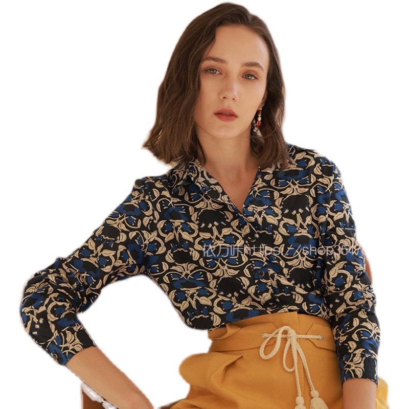 Showlu Fashion retro floral print long sleeve silk cotton polo shirt with a classic design and vibrant floral pattern.