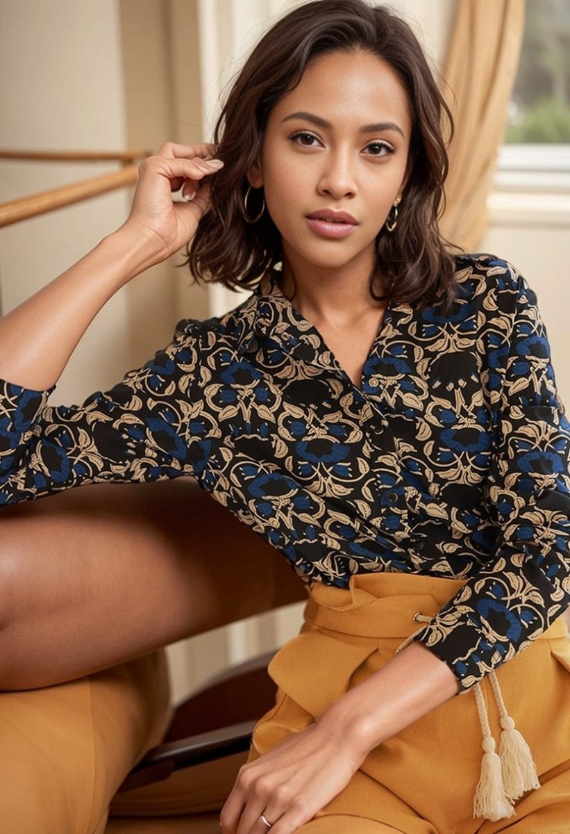 Retro floral print long sleeve silk cotton polo shirt by Showlu Fashion, featuring vibrant floral details and classic polo design.