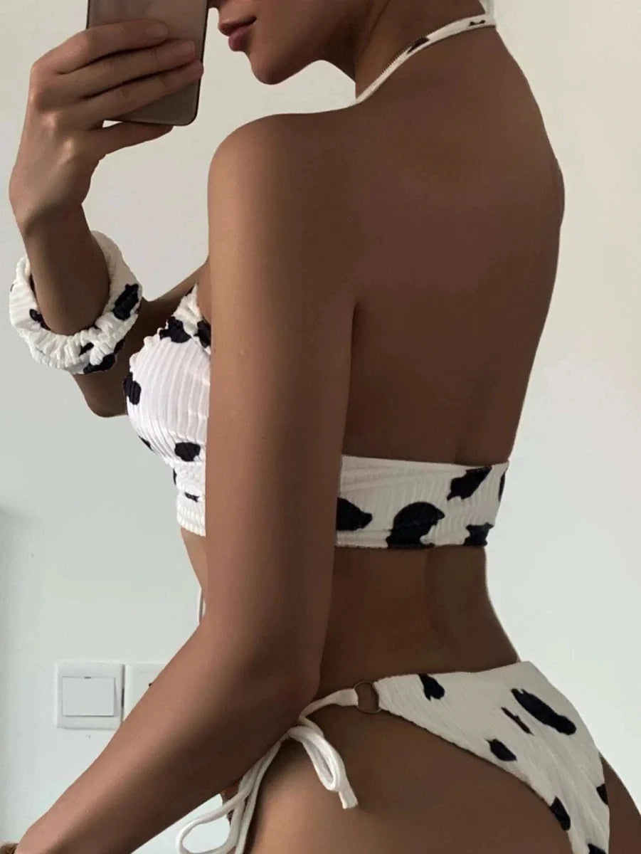 Showlu Fashion retro print hollow-out bikini with tied design, featuring a stylish and sexy swimsuit perfect for beachwear.