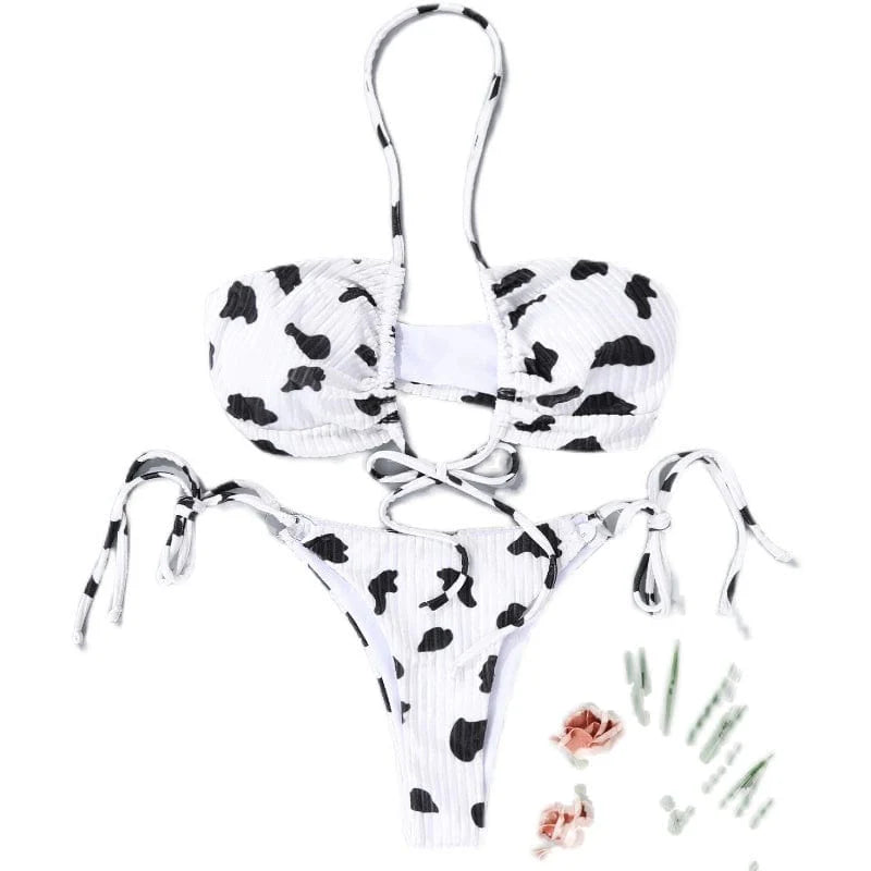 Retro print hollow-out bikini by Showlu Fashion featuring a sexy tied swimsuit with stylish vintage-inspired design.