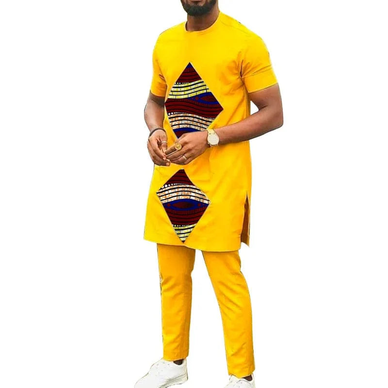 Men's African cotton suit by Showlu Fashion with yellow rhombus print, includes top and pants, perfect for stylish occasions.