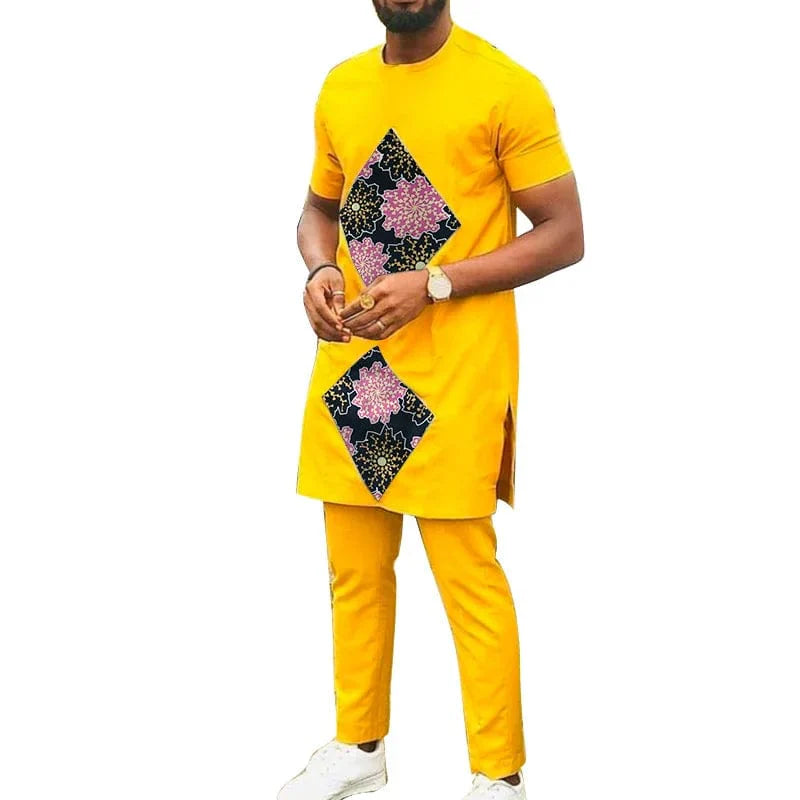 Men's African cotton suit by Showlu Fashion in yellow with rhombus print, includes top and matching pants, suitable for special occasions