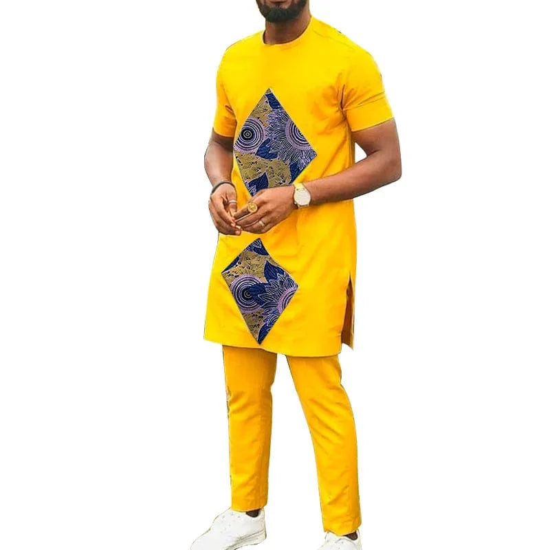 Showlu Fashion men's African cotton suit with yellow rhombus print, featuring a matching top and pants, ideal for special occasions.